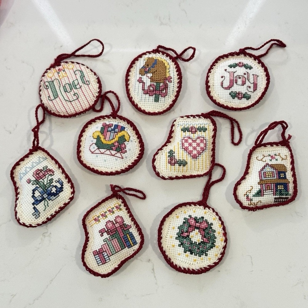 Vintage Needlepoint Cross Stitched Christmas Ornaments Country Cottage Core Lot